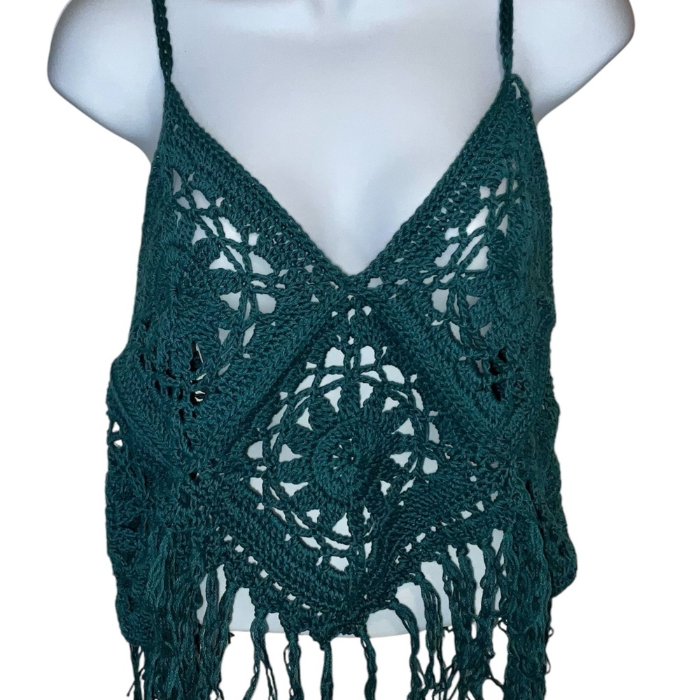 Hand Crafted Halter Crochet  Bohemian with Fringe Coverup  M/L Teal Green/Blue - Picture 2 of 11